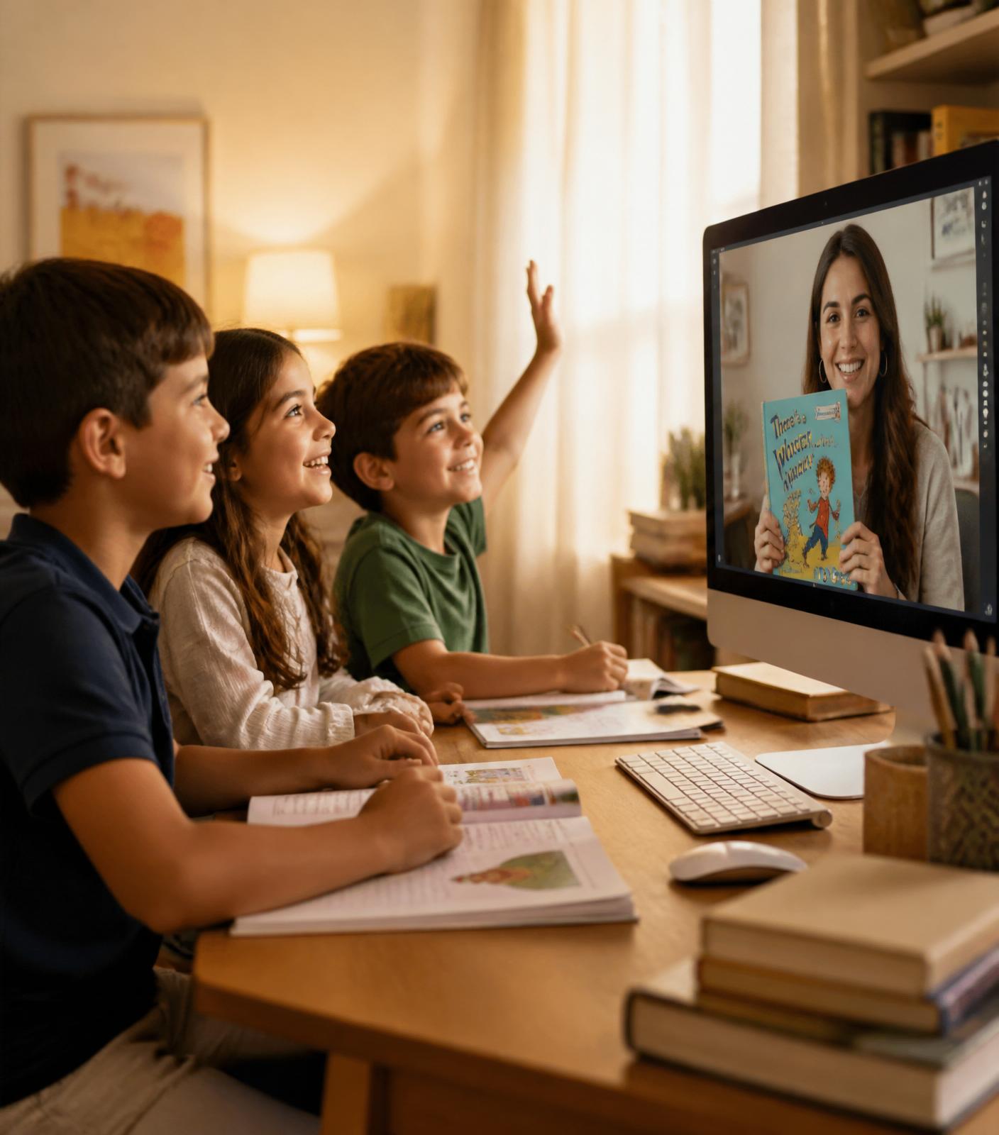 Small group of K–5 students smiling at a desktop screen while their tutor holds up a picture book